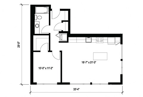Floor plan for 1 bed, 1 bath, 738 sqft